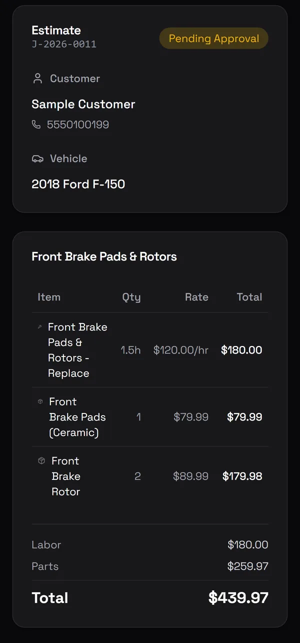 Sample GARAGE estimate for a front brake pad and rotor job on a 2018 Ford F-150, total $439.97